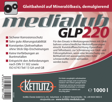 KETTLITZ-Medialub GLP 220 Gleitbahnöl / Bettbahnöl auf Mineralölbasis, demulgierend - 965 Liter IBC