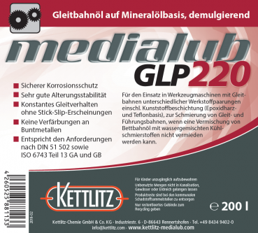 KETTLITZ-Medialub GLP 220 Gleitbahnöl / Bettbahnöl auf Mineralölbasis, demulgierend - 200 Liter Fass