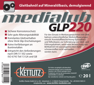 KETTLITZ-Medialub GLP 220 Gleitbahnöl / Bettbahnöl auf Mineralölbasis, demulgierend - 20 Liter Gebinde