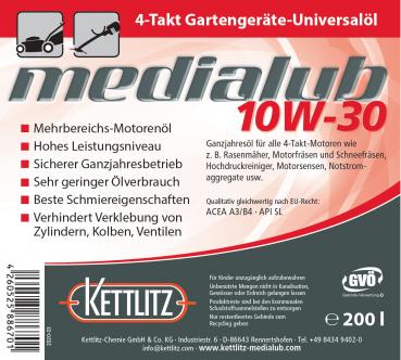 KETTLITZ-Medialub 10W-30 Gartengeräte-Universalöl API SL - 208 Liter Gebinde