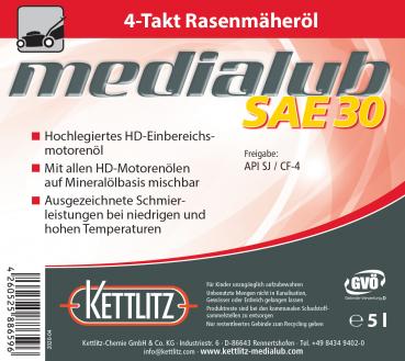 KETTLITZ-Medialub SAE 30 - 4 Takt Rasenmäheröl API SJ/CF-4 - 5 Liter Gebinde