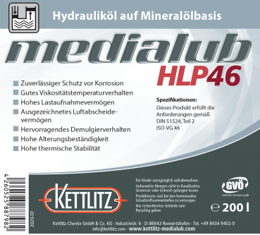 KETTLITZ-Medialub HLP 46 Hydrauliköl auf Mineralölbasis - 200 Liter Fass