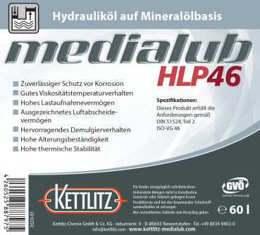 KETTLITZ-Medialub HLP 46 Hydrauliköl auf Mineralölbasis - 60 Liter Fass